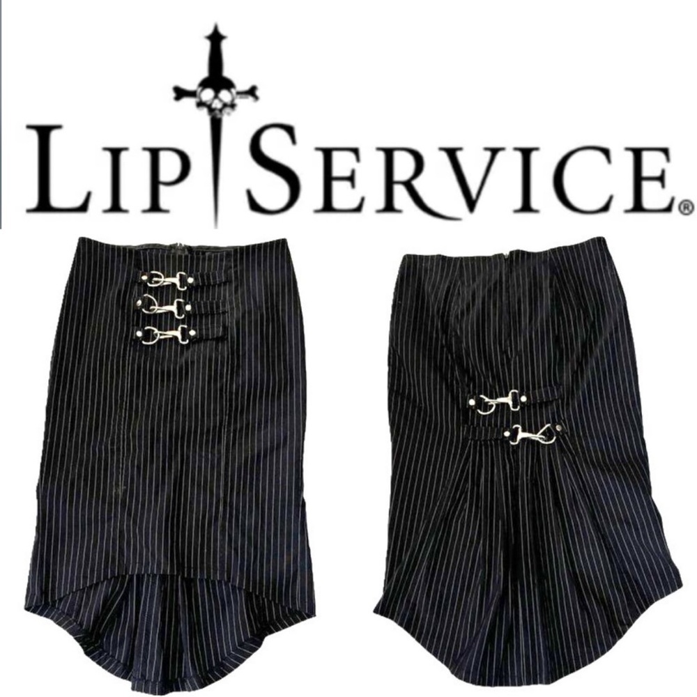 Lip Service Black Pinstripe Silver Buckles Midi Pencil Skirt Sz M